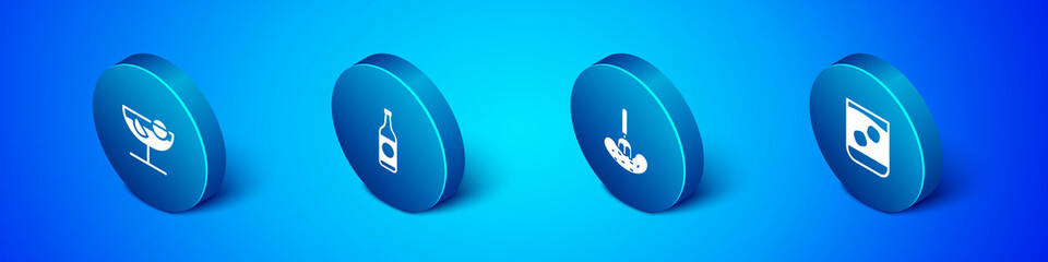 Set Isometric Cocktail, Pickled cucumber on fork, Glass of whiskey and Beer bottle icon. Vector