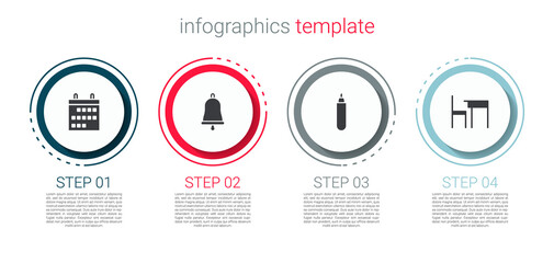 Set Calendar, Ringing bell, Marker pen and School table and chair. Business infographic template. Vector