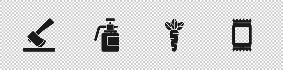 Set Wooden axe, Garden sprayer for fertilizer, Carrot and Fertilizer bag icon. Vector