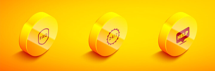 Set Isometric Shield with text FAQ, Clock 24 hours and Speech bubble Help icon. Vector