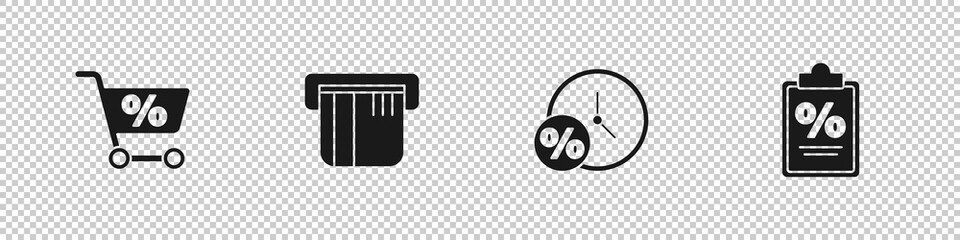 Set Shopping cart, Credit card, Clock and percent and Finance document icon. Vector