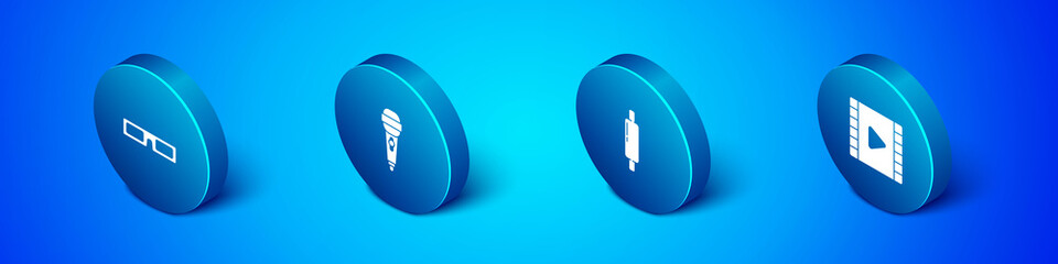 Set Isometric Cinema glasses, Rolling pin, Play Video and Microphone icon. Vector