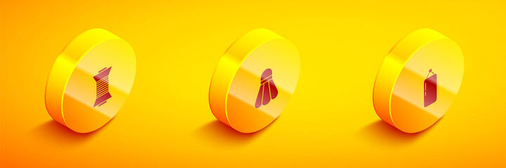 Set Isometric Sewing thread on spool, Badminton shuttlecock and Punching bag icon. Vector
