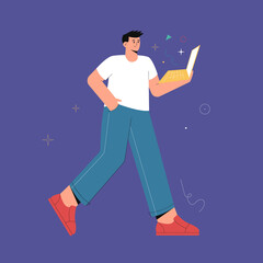 IT guy concept. Young smiling man walking and holding laptop. Vector flat cartoon illustration