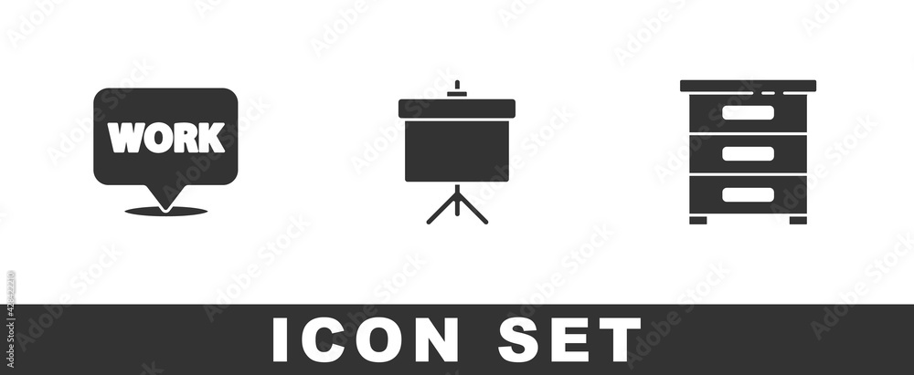 Poster set location with text work, chalkboard diagram and drawer documents icon. vector