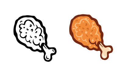 Cartoon hot Fried Chicken Drumstick colored illustration hand drawn and outline for design