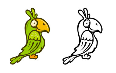 Obraz na płótnie Canvas cartoon green parrot color and outline illustration. for design for coloring book, print, poster
