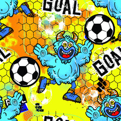  kids monsters pattern for kids. Background with cartoon monsters play in football on the abstract bright background. pattern for textile and fabric.
