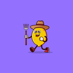 Cute Lemon Farmer character with pitchfork. Fruit character icon concept isolated. flat cartoon style Premium Vector
