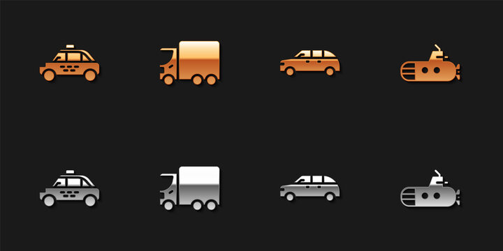 Set Taxi car, Delivery cargo truck, Hatchback and Submarine icon. Vector