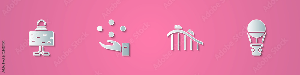 Sticker Set paper cut Magic ball on table, Juggling, Roller coaster and Hot air balloon icon. Paper art style. Vector