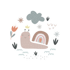 Cute snail with rainbow, clouds and flowers isolated on white background. Vector illustration for printing on fabric, packaging paper, clothing. Cute baby background