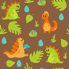 Cute charming green and orange dinosaurs on a brown background among prehistoric leaves, plants and eggs. Seamless pattern in cartoon childish style. The mood of joy and carelessness.