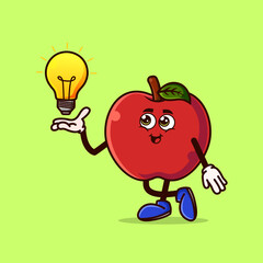Cute Apple character with light bulb Idea on hand.creative fruit. Fruit character icon concept isolated. Emoji Sticker. flat cartoon style Vector