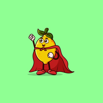 Cute Lemon character with Super hero costume and try to fly. Fruit character icon concept isolated. Emoji Sticker. flat cartoon style Vector