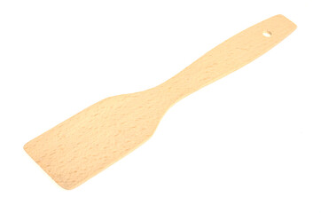 Wooden spatula for stirring, kitchen gadget on white