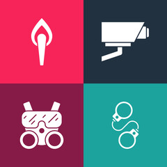 Set pop art Handcuffs, Gas mask, Security camera and Torch flame icon. Vector