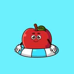 Obraz premium Cute Apple character with swim ring float. Fruit summer icon concept isolated. flat cartoon style Premium Vector