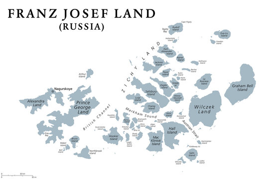 Franz Josef Land, gray political map. Russian archipelago in the Arctic Ocean, northernmost part of Arkhangelsk Oblast, largest island Prince George Land, and air base Nagurskoye. Illustration. Vector