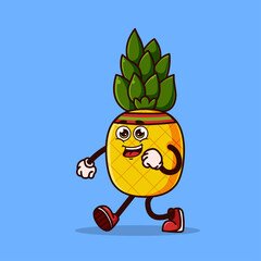 Cute pineapple character jogging. Fruit character icon concept isolated. Emoji Sticker. flat cartoon style Vector