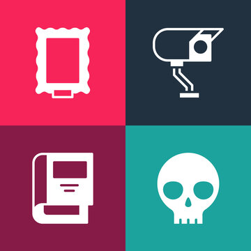 Set pop art Human skull, History book, Security camera and Picture icon. Vector