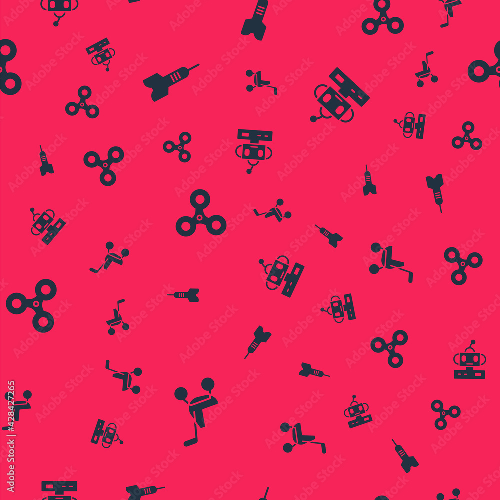 Poster set baby stroller, dart arrow, fidget spinner and robot toy on seamless pattern. vector