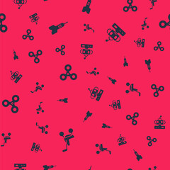 Set Baby stroller, Dart arrow, Fidget spinner and Robot toy on seamless pattern. Vector