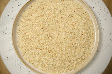sesame seeds. Top view. Wooden table. Selective soft focus