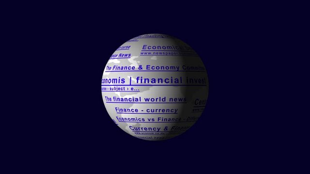 The globe with the links of imaginary no-existing websites for financial services and information rotate on a dark background, close up.