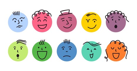 Abstract feeling faces. Round abstract faces with various Emotions. Different colorful characters. Vector illustration. Every face is isolated.