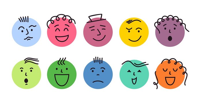 Abstract feeling faces. Round abstract faces with various Emotions. Different colorful characters. Vector illustration. Every face is isolated.