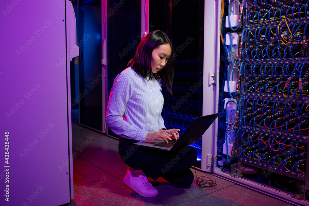 Poster asian data center engineer using laptop