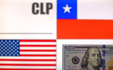 100 US dollars banknote on blurred background of Chile and USA flags and currency code of Chile. Exchange rate template