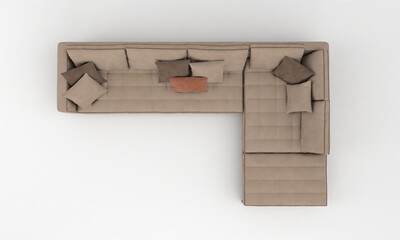 Top view of a 3D rendered modern corner sofa of light brown color on a white background