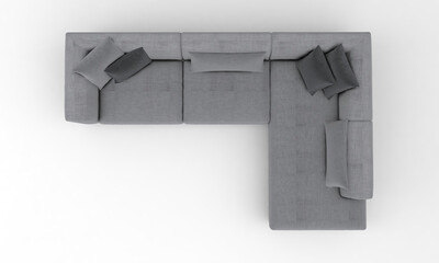 Top view of a 3D rendered modern corner sofa of gray color on a white background