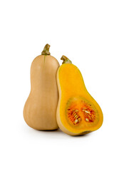 Whole and slice butternut squash isolated on white background. Clipping path.
