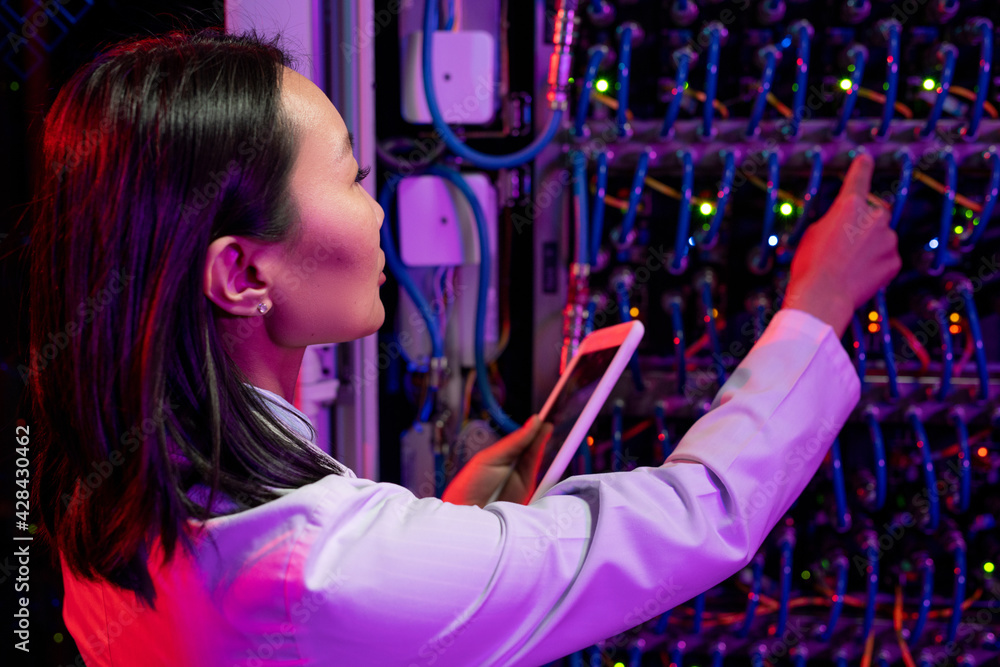 Poster network engineer connecting cables in switches