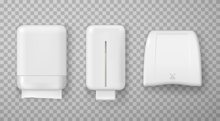 Collection of realistic wall hand dryer dispenser with soap and paper towel vector illustration