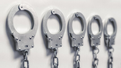 The handcuffs hang in a row on a chain on the wall.
