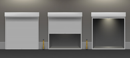 Realistic warehouse entrance with open and closed roll shutters with gray concrete wall