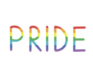 Colorful vector handwritten inscription “pride”. Rainbow lgbt, international pride day, sexuality, equality, June gay parade. Rainbow coloured lettering for media, digital design and typography.