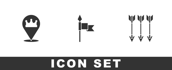 Set Location king crown, Medieval spear and Crossed arrows icon. Vector