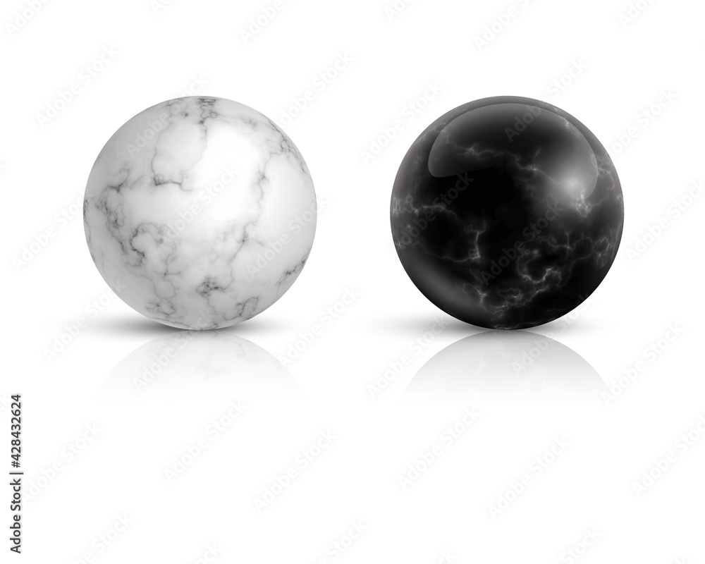 Poster black and white marble balls set. 3d realistic spheres in stone pattern with lines and shades vector
