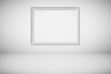 Gray frame for picture hanging on wall. Mock up template for famous painting vector illustration. Realistic scene indoor on grey background with floor. Art exhibition in museum