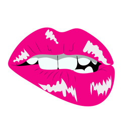 Seductive female lips painted with pink gloss, erotic bite of the lip, vector clip art in flat style
