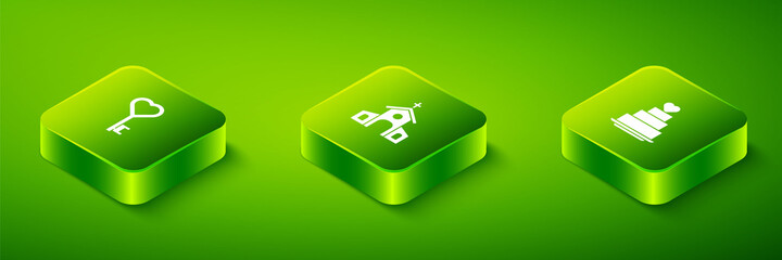 Set Isometric Church building, Wedding cake with heart and Key shape icon. Vector