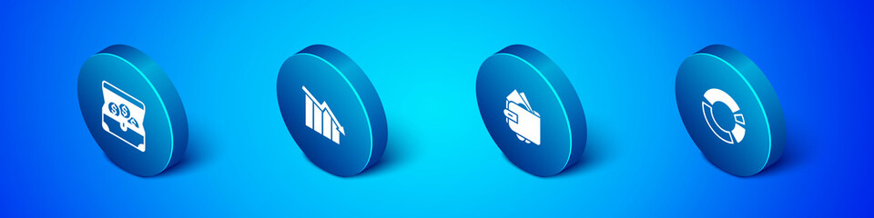 Set Isometric Treasure chest, Wallet with money, Pie chart infographic and Financial growth decrease icon. Vector