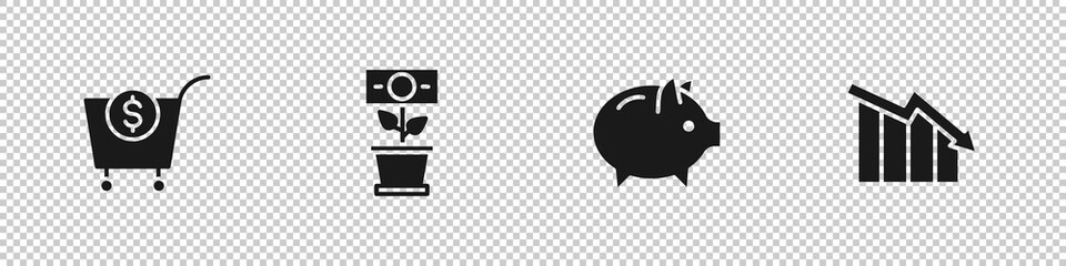 Set Shopping cart and dollar, Money plant the pot, Piggy bank and Financial growth decrease icon. Vector