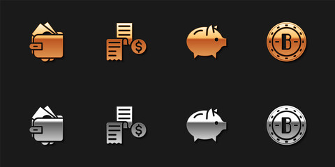 Set Wallet with money, Paper or financial check, Piggy bank and Bitcoin icon. Vector