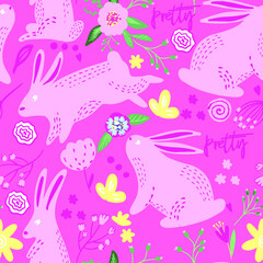 Seamless pattern of cute bunnies and flowers . Hand drawn vector background for children, textile , wrapping paper and more
